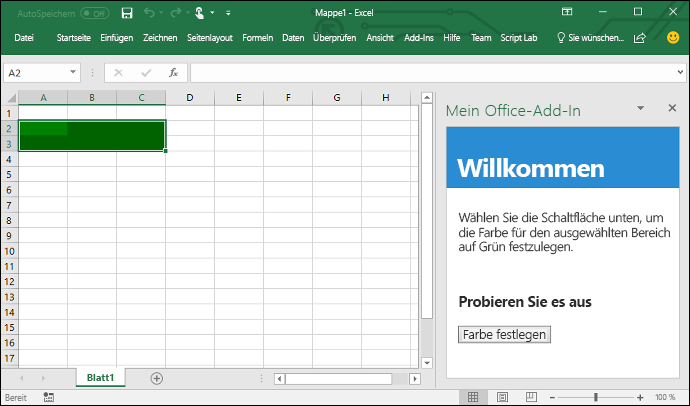Screenshot von Excel mit geöffnetem Add-In-Aufgabenbereich.