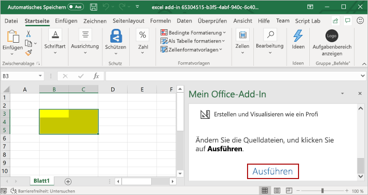 Screenshot von Excel mit geöffnetem Add-In-Aufgabenbereich und der darin hervorgehobenen Schaltfläche „Ausführen“.