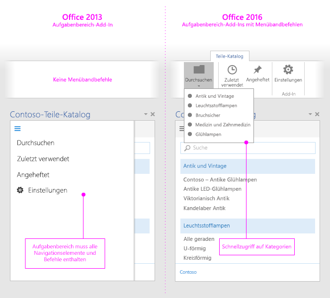 Screenshot, der ein Aufgabenbereich-Add-In in Office 2013 und dasselbe Add-In vergleicht, das Add-In-Befehle in Office 2016 verwendet. In der Version 2013 muss der Aufgabenbereich alle Befehle enthalten, während sich Befehle in der Version 2016 im Menüband befinden können.