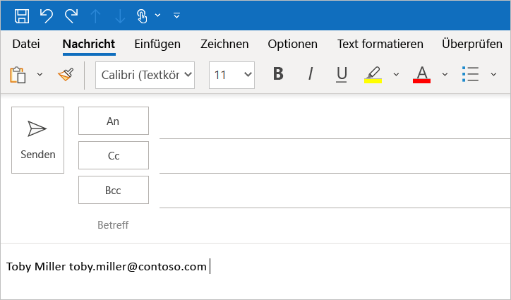 Die Benutzerprofilinformationen im Outlook-Fenster zum Verfassen von Nachrichten.