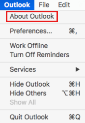 Screenshot, der die im Outlook-Menü für Mac ausgewählte Option „Über Outlook“ zeigt.