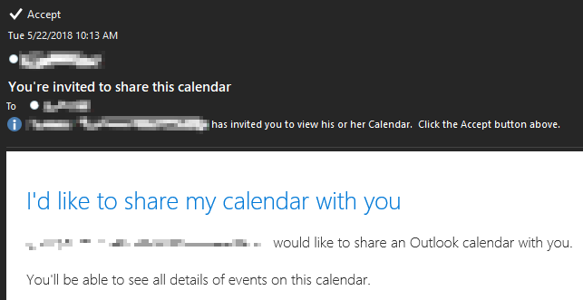 Screenshot, der das Öffnen eines freigegebenen Kalenders in Outlook 2016 für Microsoft 365-Benutzende zeigt.