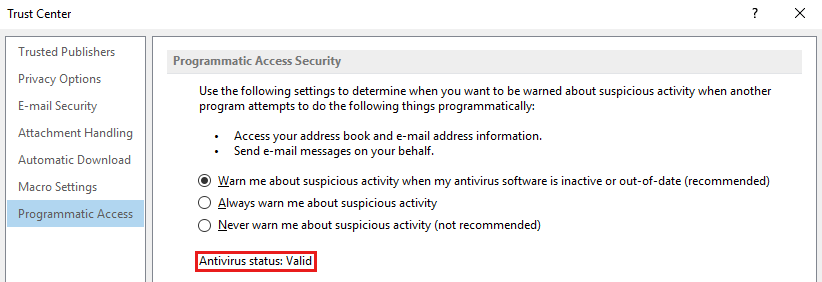 Screenshot des Dialogfelds „Trust Center“, in dem der Status „Antivirus gültig“ im Eintrag „Programmgesteuerter Zugriff“ hervorgehoben ist.