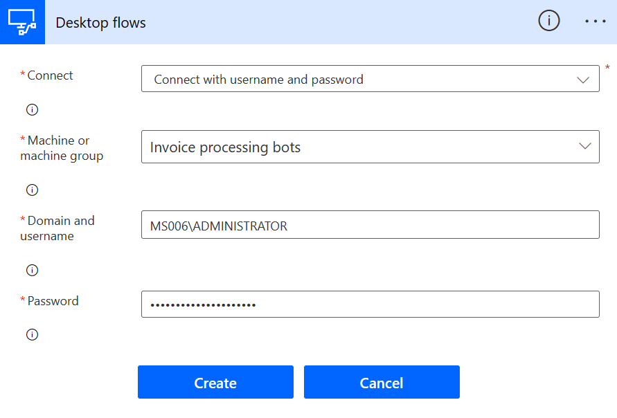 Screenshot eines Dialogfelds zum Erstellen einer neuen Desktop-Flow-Verbindung.
