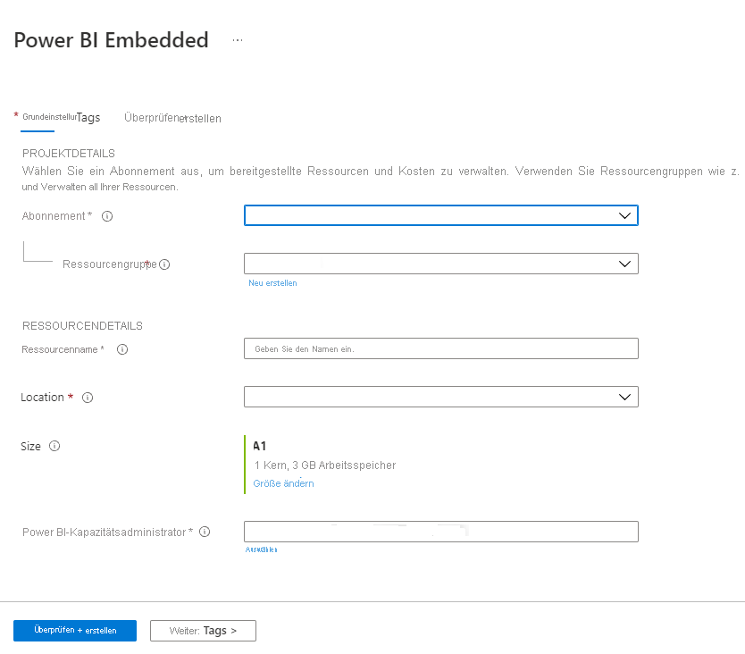Screenshot: Registerkarte „Grundlegende Einstellungen“ der Seite „Power BI Embedded“ zum Erstellen einer neuen Kapazität im Azure-Portal