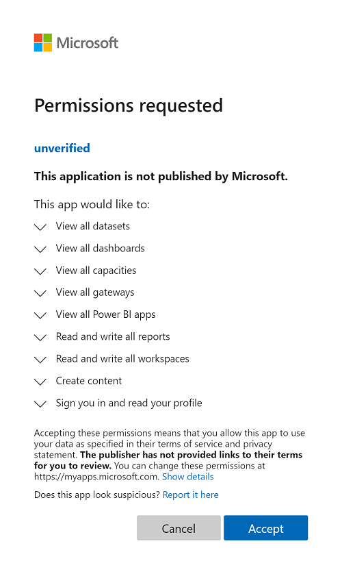 Screenshot of the Microsoft permissions requested pop-up window, which asks customers to grant permissions for accessing Power BI.