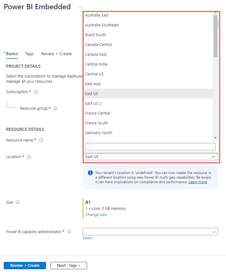 Screenshot of the Azure portal capacity creation screen, which shows the highlighted location drop-down menu.