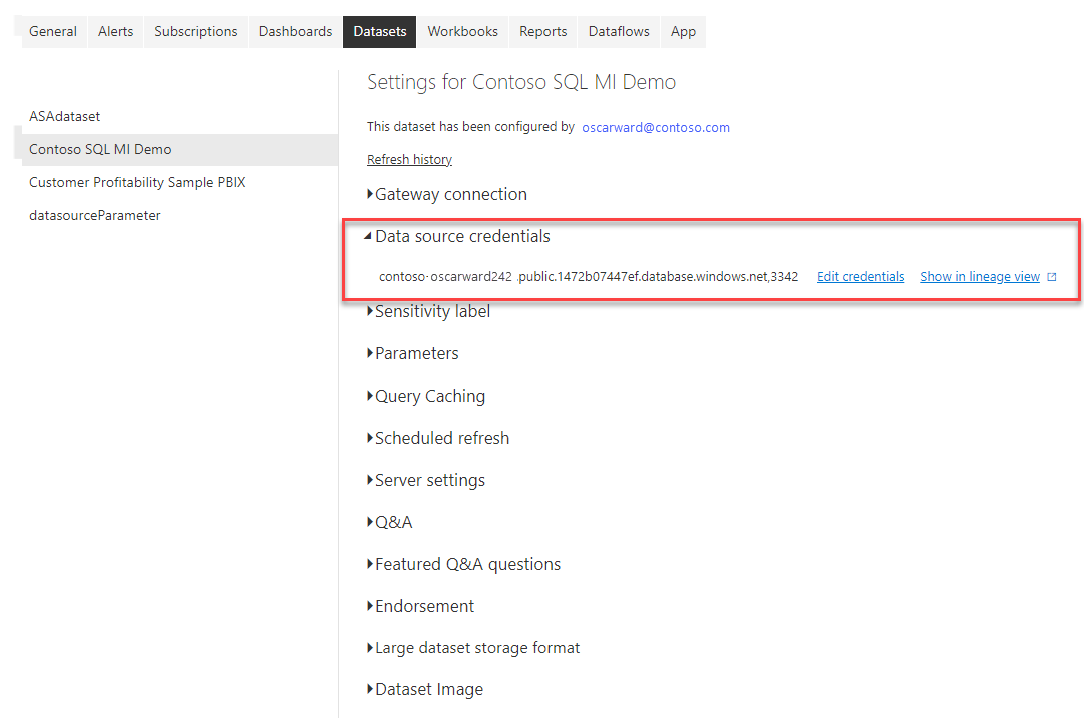 Screenshot of the edit credentials option in the Datasets tab.