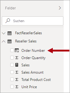Image shows the Fields pane and the sales fact table, which includes the Order Number field.