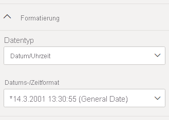 Screenshot showing the Formatting panel with the Data type and Date time format selected.
