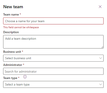 Screenshot der Einstellungen für ein neues Dataverse-Team.