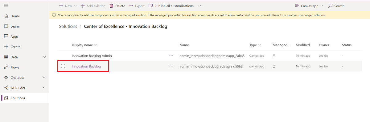 Öffnen Sie die Innovation Backlog App.