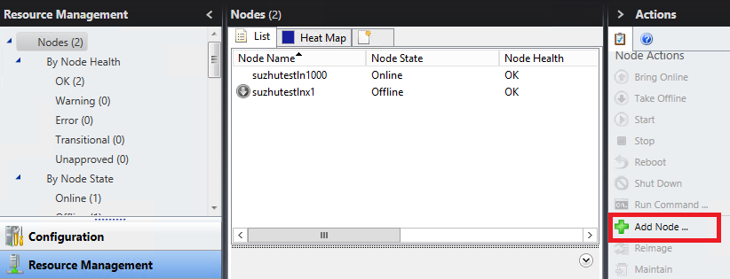 Screenshot shows the Resource Management page with Add Node highlighted in the Actions pane.