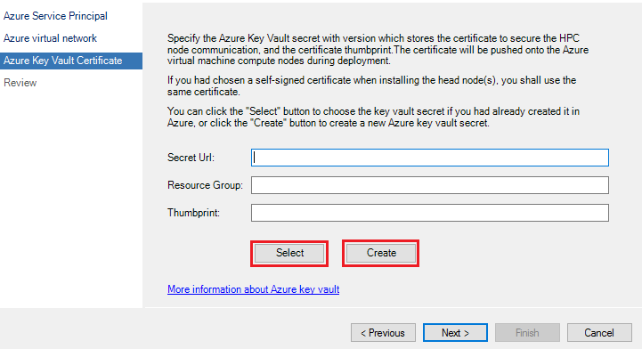 Screenshot shows the Azure Key Vault Certificate page, select, create, and next are highlighted.