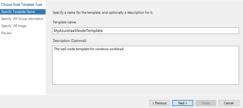 Screenshot shows the Specify Template Name page with a template name entered. Next is highlighted.