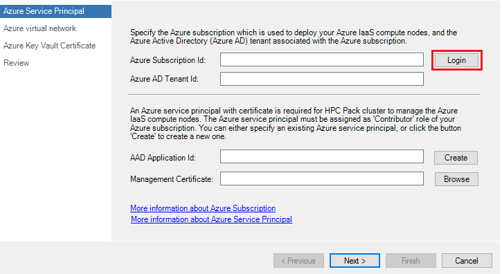 Screenshot of the Azure Service Principal page. Login and Next are highlighted.