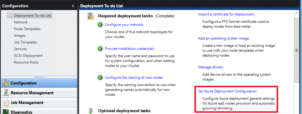 Screenshot shows Deployment to do list selected in the configuration pane. Set Azure Deployment Configuration is highlighted.