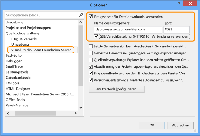 VS TFVC-Proxykonfigurationsseite, Dialogfeld "Optionen"