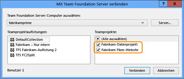 Dialogfeld "Verbindung mit Team Foundation Server herstellen"