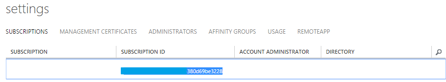 Screenshot: Azure-Verwaltungsportal mit der Registerkarte „Abonnements“ der Seite „Einstellungen“.