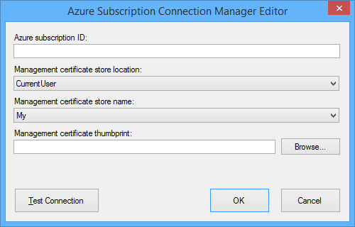 Screenshot: Dialogfeld „Azure Subscription Connection Manager Editor“ (Editor des Azure-Abonnementverbindungs-Managers)