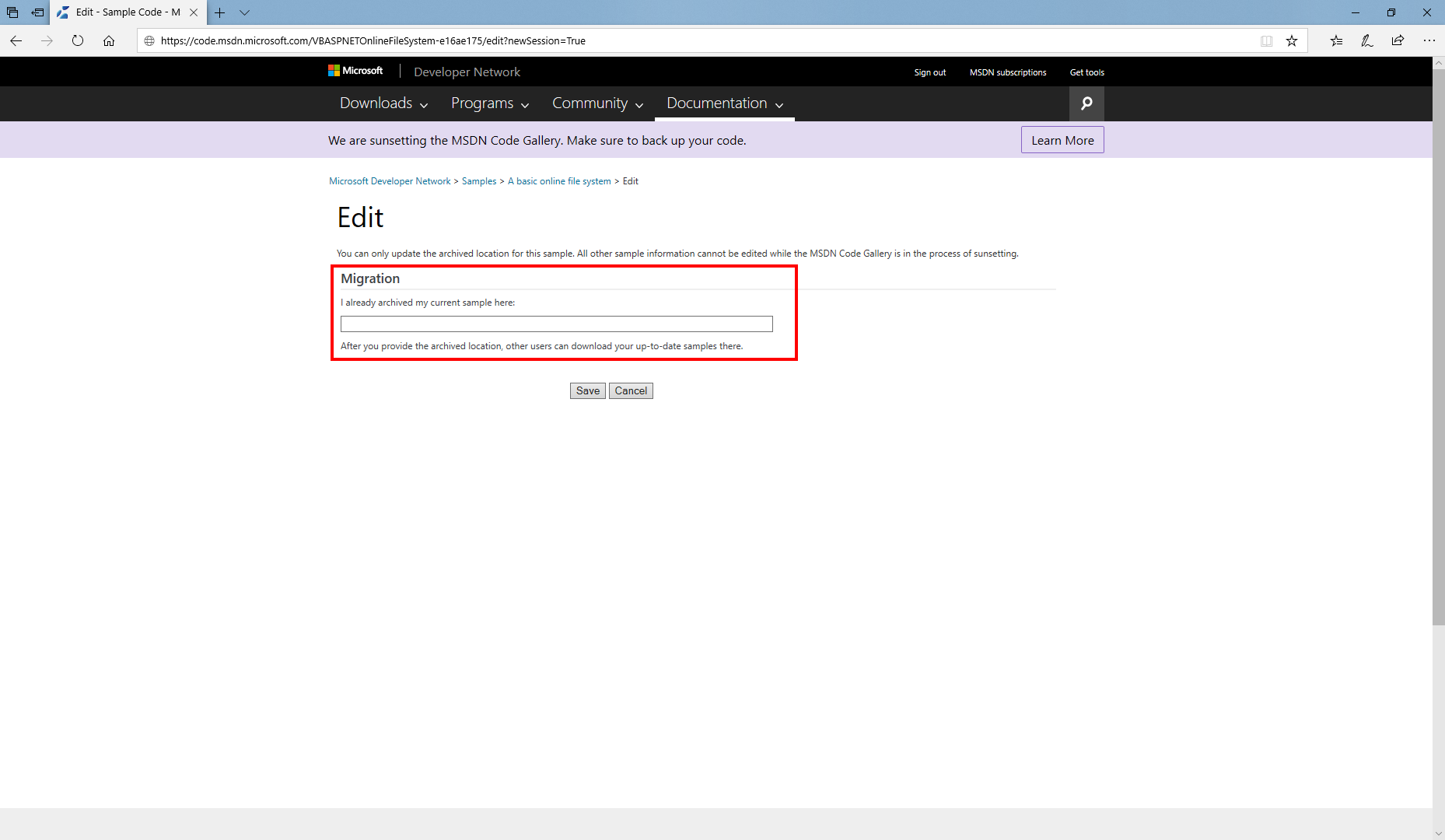 MSDN Code Gallery edit sample page migration section