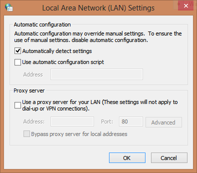 Screenshot: Fensters „LAN Einstellungen“. Die Option „Einstellungen automatisch erkennen“ ist aktiviert.