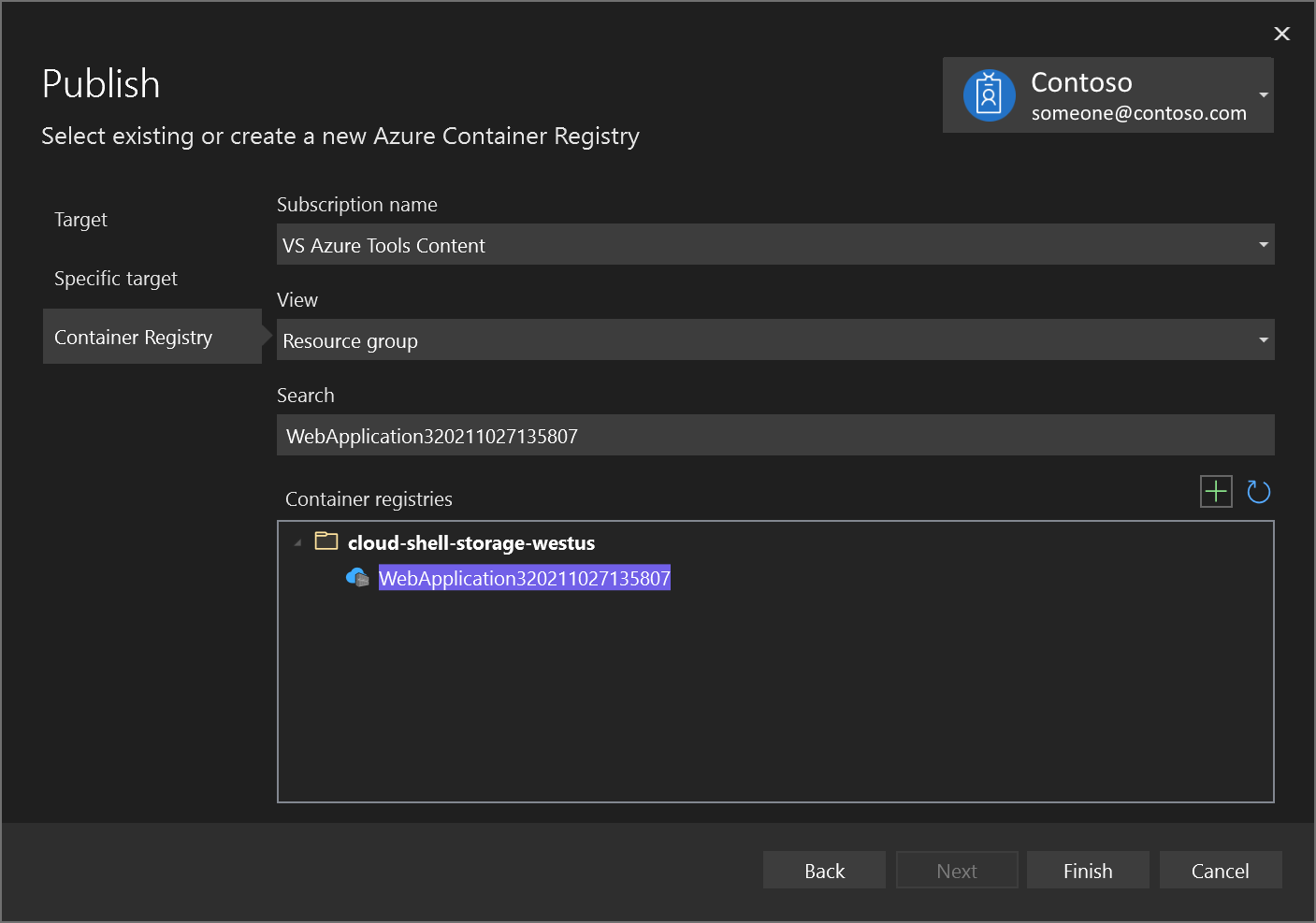 Screenshot: Dialogfeld „Veröffentlichen“ mit erstellter Azure Container Registry-Instanz