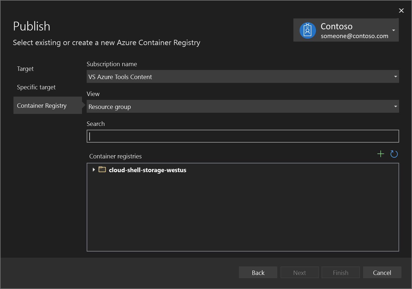 Screenshot: Dialogfeld „Veröffentlichen“ mit Auswahl von „Neue Azure Container Registry-Instanz erstellen“