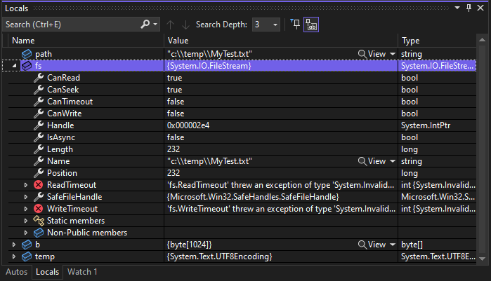 Screenshot des Fensters „Lokale Variablen“, wobei die Datei auf den Wert „System.IO.FileStream“ festgelegt ist.