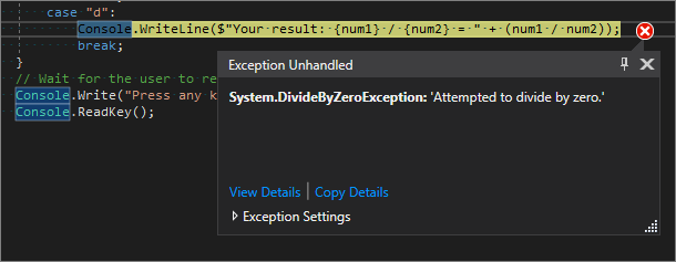 Screenshot des Visual Studio-Code-Editors, der eine gelb hervorgehobene Zeile zeigt sowie einen „Unbehandelte Ausnahme“-Fehler für „Versuchte Division durch Null“.