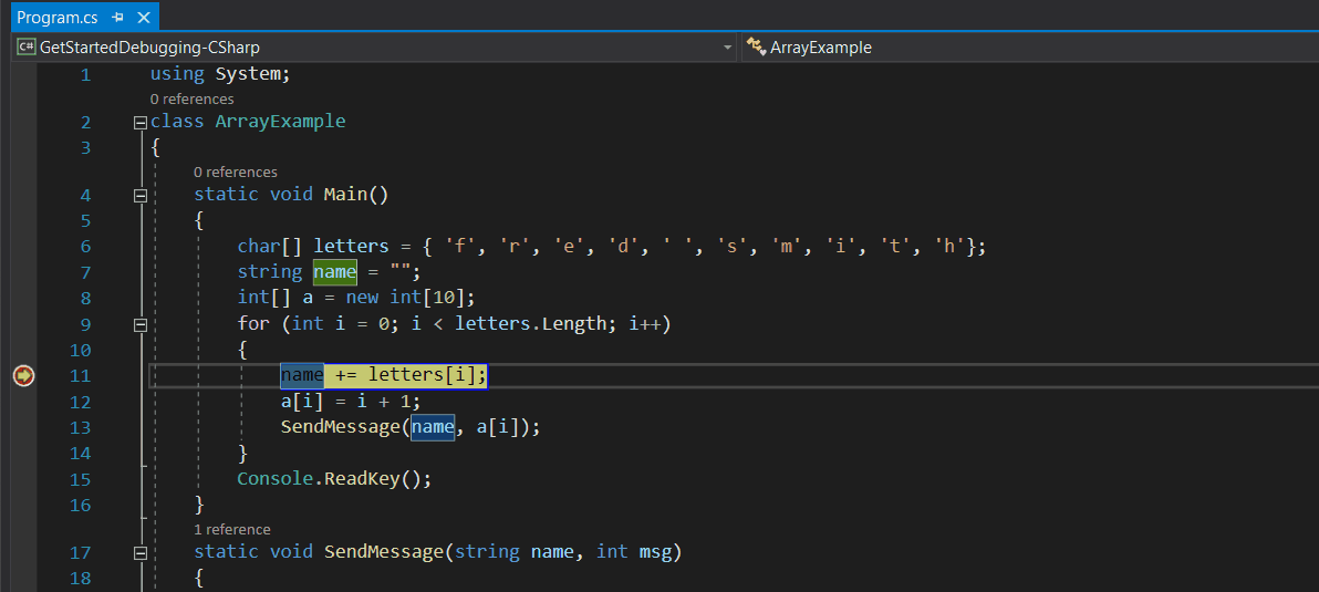 An animated screenshot of the Visual Studio Debugger showing the effect of pressing F10 to 