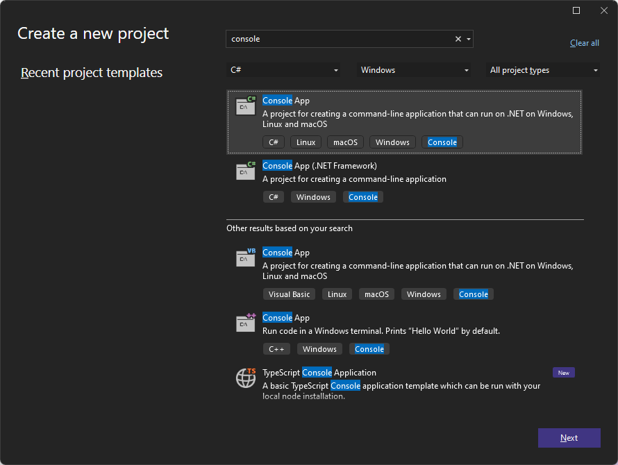 Screenshot of the 'Console Application' template in the 'Create a new project' window of Visual Studio 2022.