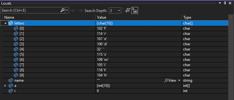 Screenshot of the Locals window in Visual Studio 2022, with the 'letters' array variable expanded.