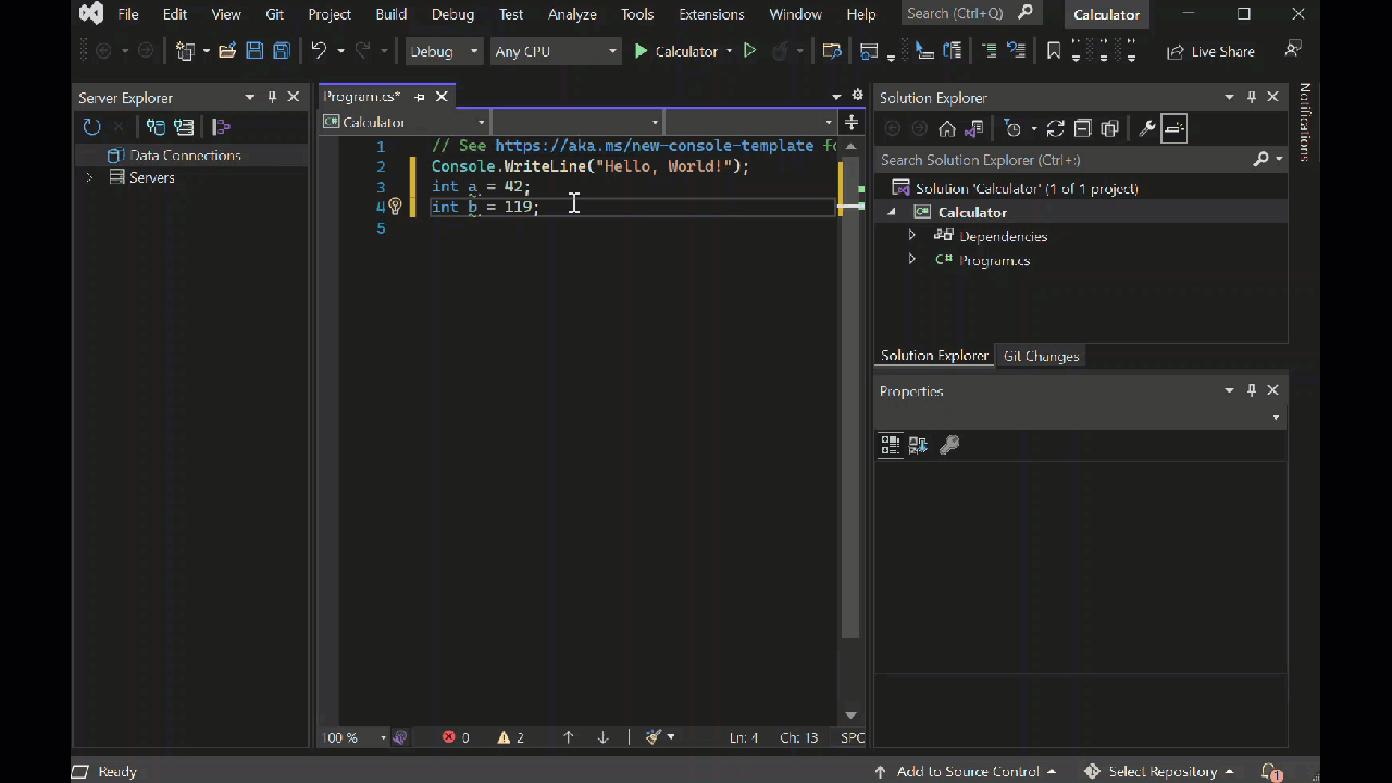 Animation des Codes zur Berechnung von Ganzzahlen mit der IntelliSense-Funktion „AutoVervollständigen“ in der Visual Studio-IDE.