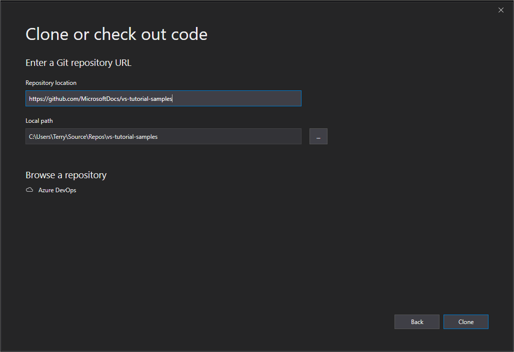 Screenshot of the 'Clone or check out code' window with the 'Browse a repository' section that lists Azure DevOps in Visual Studio 2019 version 16.7 and earlier.
