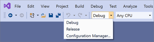 Auswahl der Buildkonfiguration in Visual Studio 2019.