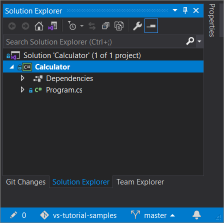 Screenshot of a project in Git that's open in Solution Explorer in Visual Studio 2019 version 16.8 and later.