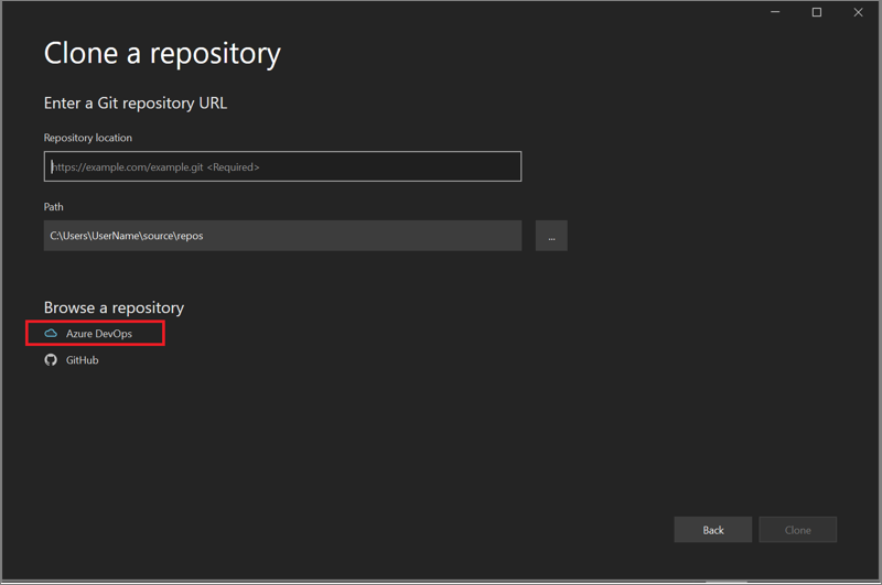 Screenshot of the 'Browse a repository' section of the 'Clone a repository' dialog box in Visual Studio, Azure DevOps highlighted.