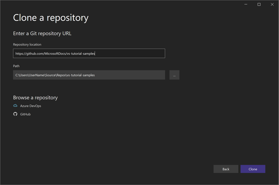 Screenshot of the Clone a Repository dialog in Visual Studio where you enter a Git repo URL.
