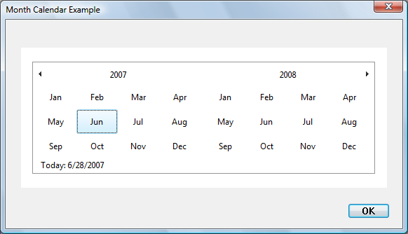 Screenshot eines Dialogfelds mit einem Monatskalendersteuerelement, das alle Monate 2007 und 2008 anzeigt