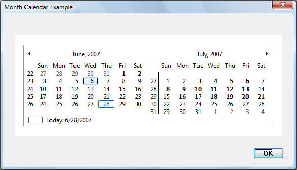 Screenshot eines Dialogfelds mit einem Monatskalendersteuerelement, das zwei Monate nebeneinander anzeigt