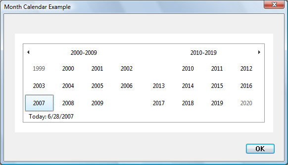 Screenshot eines Monatskalendersteuerelements mit allen Jahren von 1999 bis 2020