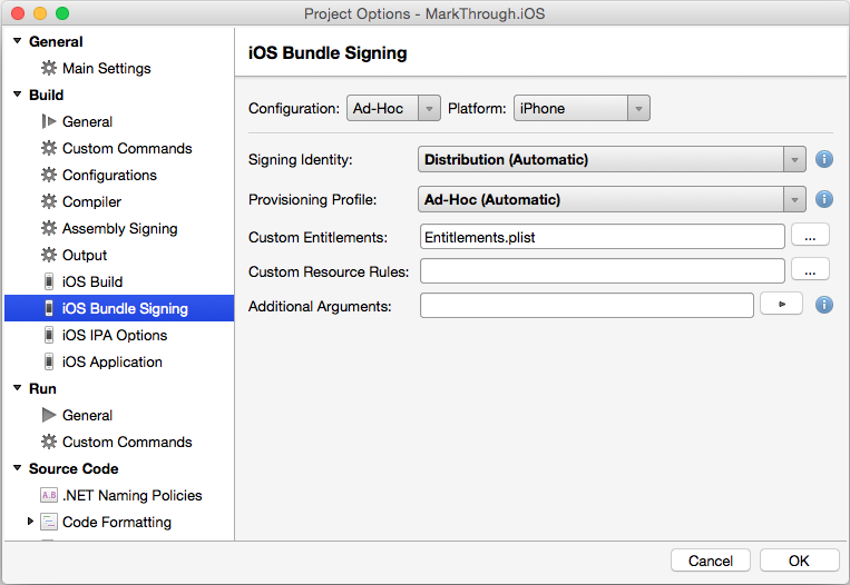The Signing Identity and the Provisioning Profile set to the default values of Automatic