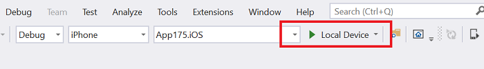 Screenshot of the Visual Studio toolbar with local device set as the debug target.