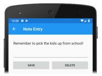 Der Screenshot zeigt einen Notizeintrag auf einem mobilen Gerät mit einem blauen Banner.