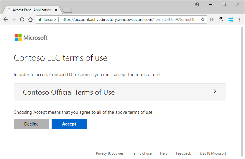 Screenshot: Exemplarische Richtlinie für Nutzungsbedingungen, die angezeigt wird, wenn sich ein Benutzer anmeldet