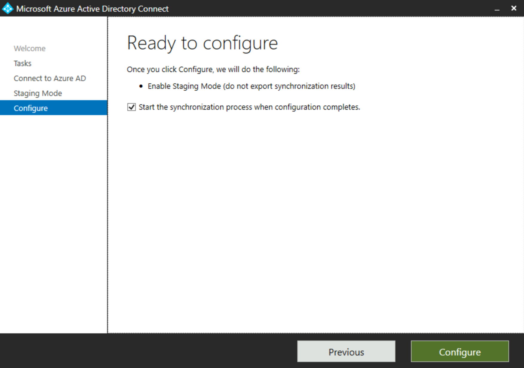 Screenshot vom Bereit für die Konfiguration-Bildschirm im Microsoft Entra Connect-Dialogfeld des aktiven Servers.