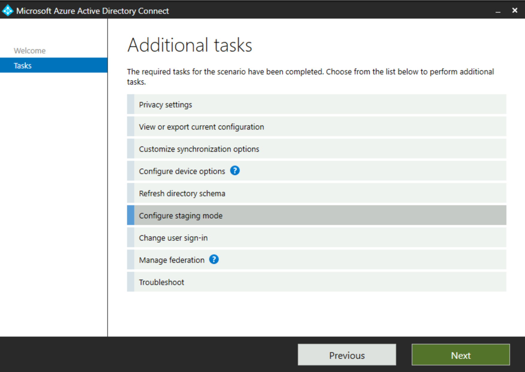 Screenshot der Hervorhebung des Stagingmodus im Microsoft Entra Connect-Dialogfeld des aktiven Servers.