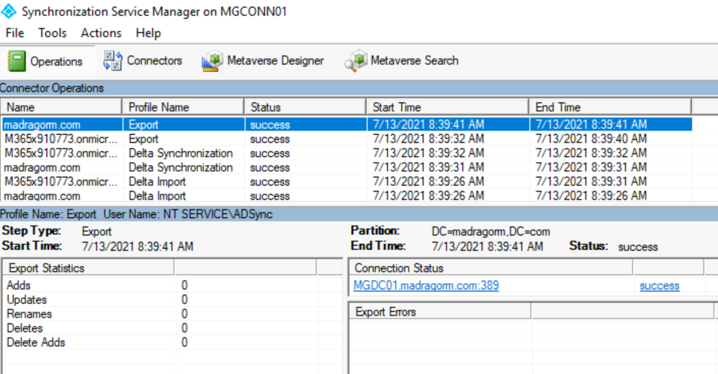 Screenshot der Synchronisierungsdienstkonsole im Microsoft Entra Connect-Dialogfeld des Stagingservers.